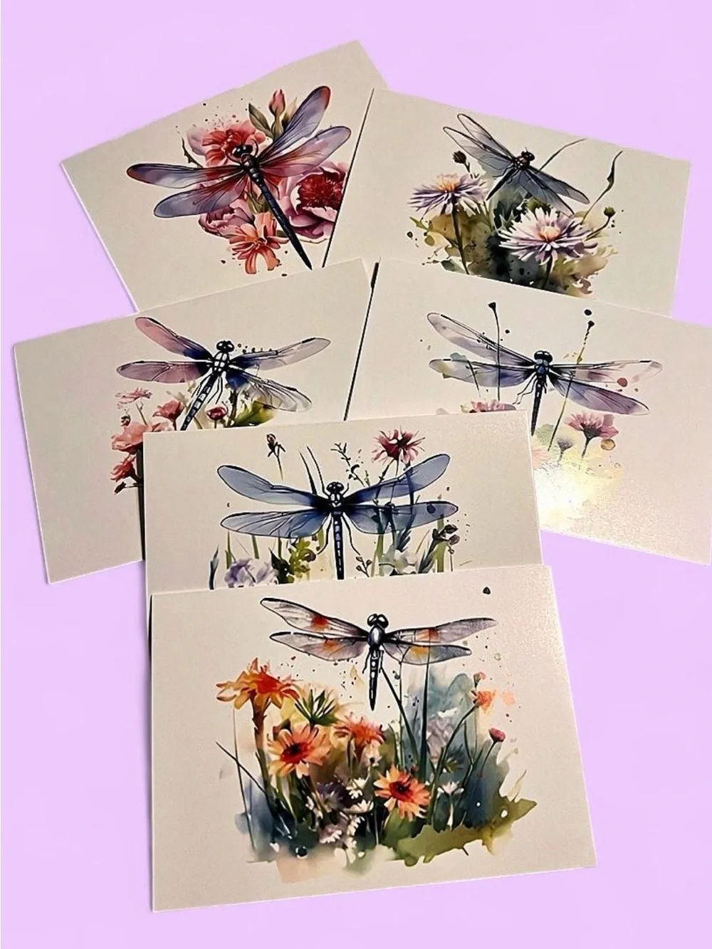 Watercolor Dragonfly Note Card Set - Floral Designs in Blue & Pastel Hues